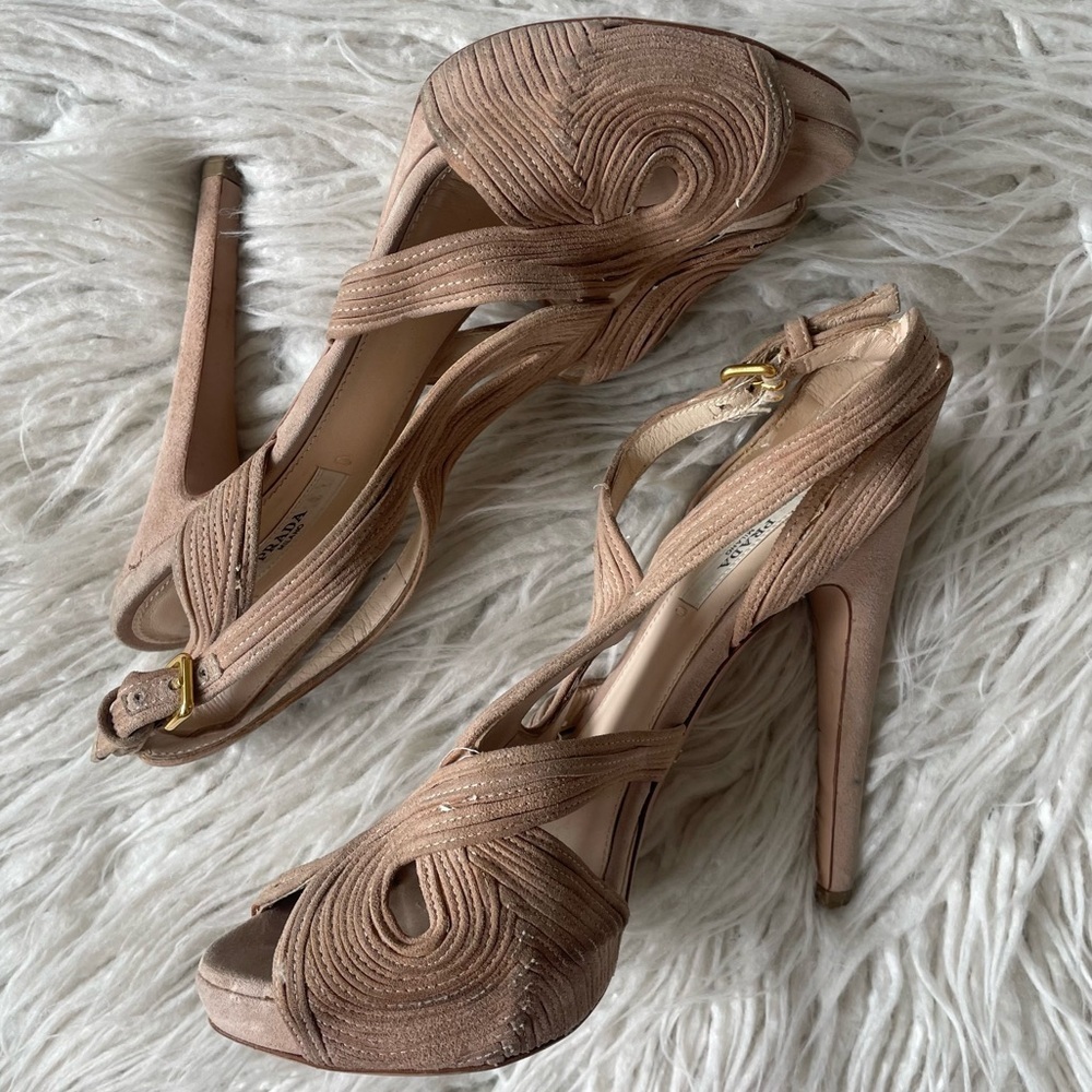 Prada Suede Beige Platform Slingback Peep Toe Swirl Stitch Heeled Sandals 37.5 - Picture 4 of 9